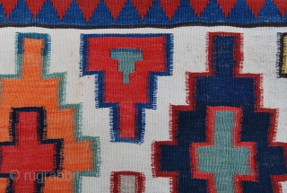 Caucasian kilim. Cm 200x320. Late 19th/early 20th century. Wonderful colors. The orange is either a fantastic natural dye, as I think or non natural as somebody questioned. Some minor corrosion on brown.  ...