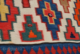 Caucasian kilim. Cm 200x320. Late 19th/early 20th century. Wonderful colors. The orange is either a fantastic natural dye, as I think or non natural as somebody questioned. Some minor corrosion on brown.  ...