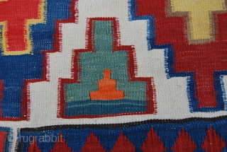 Caucasian kilim. Cm 200x320. Late 19th/early 20th century. Wonderful colors. The orange is either a fantastic natural dye, as I think or non natural as somebody questioned. Some minor corrosion on brown.  ...