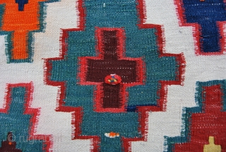 Caucasian kilim. Cm 200x320. Late 19th/early 20th century. Wonderful colors. The orange is either a fantastic natural dye, as I think or non natural as somebody questioned. Some minor corrosion on brown.  ...