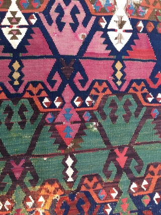 Antique Malatya kilim strip. Size is cm 75x395 or 2'8"x11'2" ca. Age is first quarter 19th century. Colors are simply wonderful: indigo, green, madder, cochineal, aubergine, etc....all fantastic. Some brown must have  ...