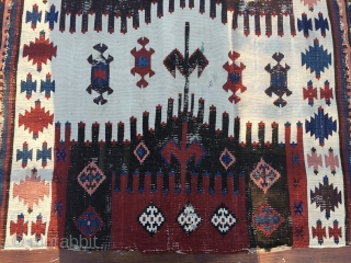 Western Anatolia kilim strip. Cm 86x342 ca. Mid 19th century. Could be an Aydin Cine or from Karakuzu village near Bergama. Great pattern, great saturated colors, among them a super aubergine………rare &  ...