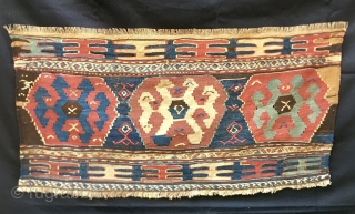 Shahsavan kilim mafrash long panel.
Cm 50x105 ca.
Datable 1870/1880.
Great pattern with 3 big medallions, top and bottom lovely finger strips.
Colors are fantastic, natural, deeply saturated. In good condition.
Avlbl emailing to carlokocman@gmail.com   