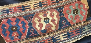 Shahsavan kilim mafrash long panel.
Cm 50x105 ca.
Datable 1870/1880.
Great pattern with 3 big medallions, top and bottom lovely finger strips.
Colors are fantastic, natural, deeply saturated. In good condition.
Avlbl emailing to carlokocman@gmail.com   