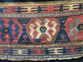 Shahsavan kilim mafrash long panel.
Cm 50x105 ca.
Datable 1870/1880.
Great pattern with 3 big medallions, top and bottom lovely finger strips.
Colors are fantastic, natural, deeply saturated. In good condition.
Avlbl emailing to carlokocman@gmail.com   