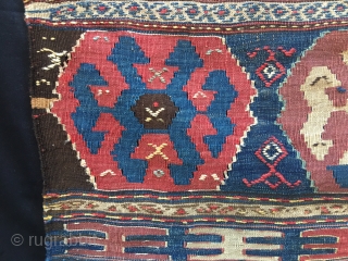 Shahsavan kilim mafrash long panel.
Cm 50x105 ca.
Datable 1870/1880.
Great pattern with 3 big medallions, top and bottom lovely finger strips.
Colors are fantastic, natural, deeply saturated. In good condition.
Avlbl emailing to carlokocman@gmail.com   