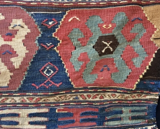 Shahsavan kilim mafrash long panel.
Cm 50x105 ca.
Datable 1870/1880.
Great pattern with 3 big medallions, top and bottom lovely finger strips.
Colors are fantastic, natural, deeply saturated. In good condition.
Avlbl emailing to carlokocman@gmail.com   