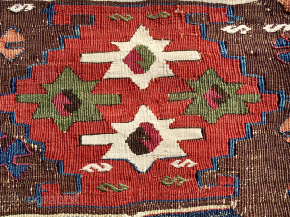 Simply a beautiful cushion......or Yastik in Turkish!
Anatolian kilim fragment mounted on black canvas with zipper.
Antique, natural saturated colors, lovely pattern with stars.
Size is cm 58x61. 
Approx date is end of the 19th  ...