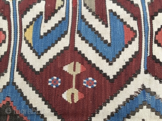 Powerful Western Anatolia Aydinli kilim strip. Cm 100x265 ca. End 19th century. Great ram horn pattern, glorious natural saturated colors. Condition: some minor oxidation, two tiny stains.      