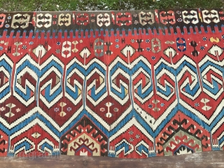 Powerful Western Anatolia Aydinli kilim strip. Cm 100x265 ca. End 19th century. Great ram horn pattern, glorious natural saturated colors. Condition: some minor oxidation, two tiny stains.      