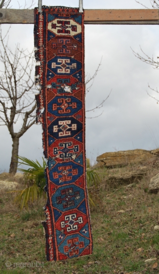 Kurdish rug fragment. Aleppo? Reyhanli? Cm 31x155. Mid 19th century. wonderful colors, great pattern with ram horn medallions. See more pics on my fb page: https://www.facebook.com/carlo.koc/media_set?set=a.10153790251778492.1073741859.579403491&type=1&pnref=story
       