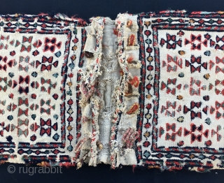 Shahsavan baby chanteh/khorjin. Cm 26x53. Late 19/early20th century. Worn, torn……..beautiful. sumack embroidery, great colors.                   