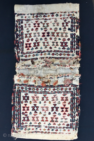 Shahsavan baby chanteh/khorjin. Cm 26x53. Late 19/early20th century. Worn, torn……..beautiful. sumack embroidery, great colors.                   