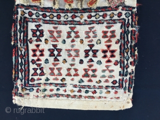 Shahsavan baby chanteh/khorjin. Cm 26x53. Late 19/early20th century. Worn, torn……..beautiful. sumack embroidery, great colors.                   