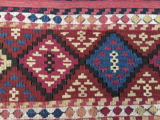 Wonderful antique natural color Sinanli bag face. Eastern Anatolia. Cm 69x73. See the fantastic cochineal, the lovely madder red & orange, the bright yellow, the deep indigo blue.....Great unusual thin weave in  ...