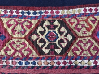 Wonderful antique natural color Sinanli bag face. Eastern Anatolia. Cm 69x73. See the fantastic cochineal, the lovely madder red & orange, the bright yellow, the deep indigo blue.....Great unusual thin weave in  ...