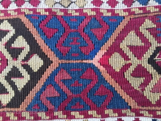 Wonderful antique natural color Sinanli bag face. Eastern Anatolia. Cm 69x73. See the fantastic cochineal, the lovely madder red & orange, the bright yellow, the deep indigo blue.....Great unusual thin weave in  ...