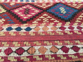 Wonderful antique natural color Sinanli bag face. Eastern Anatolia. Cm 69x73. See the fantastic cochineal, the lovely madder red & orange, the bright yellow, the deep indigo blue.....Great unusual thin weave in  ...