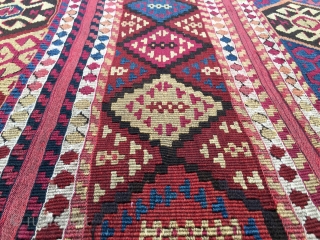 Wonderful antique natural color Sinanli bag face. Eastern Anatolia. Cm 69x73. See the fantastic cochineal, the lovely madder red & orange, the bright yellow, the deep indigo blue.....Great unusual thin weave in  ...