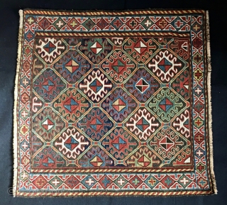 SHAHSAVAN SUMACK KHORJIN BAG FACE
Shahsavan sumack outstanding, beautiful bag face. Cm 60x60. End 19th century. All great, good colors. Super sumack weave. Lovely classical pattern. Crosses in the border, colorfull hooked hexagons  ...