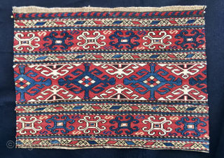 Caucasian Karabagh sumak mafrash end panel. Cm 36x48. End 19th century. Crabs and  "S" good wish panel. Fantastic graphics. Wonderful deep saturated natural colors. Tight weave. Collectible. Enjoyable. Please email carlokocman@gmail.com 