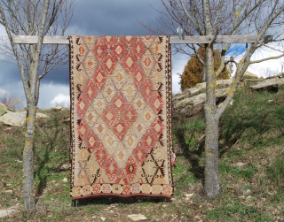 Mut or Yahyali? kilim. Central Anatolia. Cm 360x130 ca. Early 20th century. Lovely, soft texture. Dark brown redone some time ago most probably due to oxidation. Good condition. See more pics on  ...