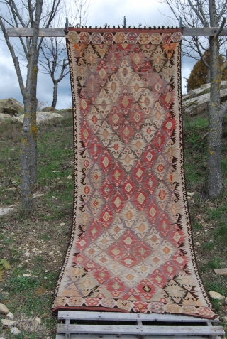 Mut or Yahyali? kilim. Central Anatolia. Cm 360x130 ca. Early 20th century. Lovely, soft texture. Dark brown redone some time ago most probably due to oxidation. Good condition. See more pics on  ...