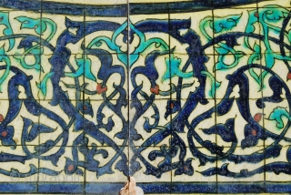 Two lovely glazed tiles with arabesque design. Cm 20x20 each. Probably early 20th century. Earlier? Later? Where from? No idea. Bought in Paris long time ago.       