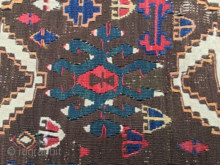 Unusual, rare, beautiful, one piece Western Anatolia, Aydin Cine kilim. Cm 145x340 ca. End 19th, early 20th c. Great ram horn medallions in glorious  brick madder red and fantastic petrol green.  ...