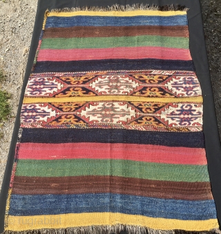 Yellowish, wild, tribal, sweet, super color East Anatolian cuval. Cm 110x150 ca. 3rd quarter of the 19th century. Great, rough, hand spun sheep and goat hair wool. This is a super storage  ...