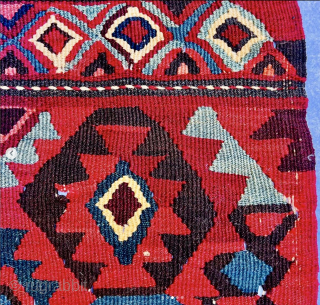 Shahsavan flat weave mafrash long panel. 
Cm 46x66. Datable to 3rd/4th q of 19th century. 
Lovely, great, colored pattern with awesome natural dyes. 
See madder red, indigo blue, apricot, light green among  ...