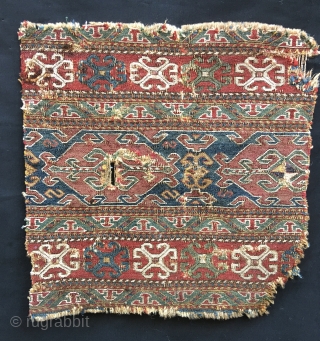 Karabagh sumack mafrash end panel. Cm 40x40 ca. Datable back to mid 19th century, roughly 1860sh. Crab design. Yes, it's actually a fragment, almost a wreck but still enjoyable. It certainly needs  ...