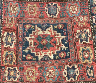 Shahsavan Lesghi star Top sumack bag. Cm 52x54. Imho it might be mid or even first half 19th c. Very rich, very primitive weaving, very beautiful saturated natural dyes. In good condition,  ...