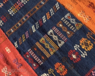 Sivas, Central Anatolia, Turkey. 3 strip kilim. Cm 140x260 ca. Great, decorative piece with lots of embroidered goodwill, happiness, good luck symbols and dileks/wishes. Wedding present? In great condition with a reasonable  ...