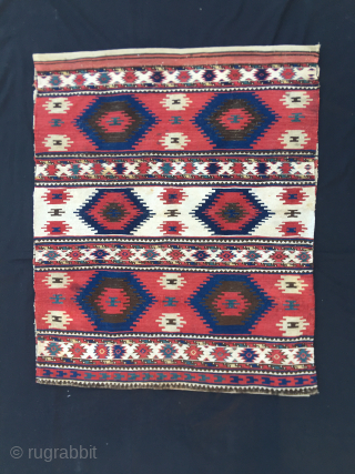 Kazak Bordjalu (or Shahsavan)?
sumack/flat weave,
rare and unusual,
storage bag/cuval face.
Cm 79x97
Datable to the end of the 19th century.
Wonderful natural colors. Madder red, indigo blue, white is wool. ...