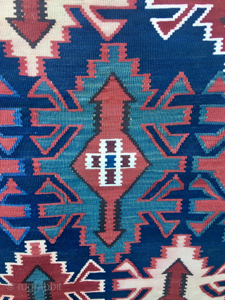 Great Shirwan Kuba Kilim.
Cm 165x275, Ft 5.4"x9.028"
Datable 1880/90sh
Awesome, natural, saturated bright, beautiful colors.
Classical, Caucasian Kuba pattern.
In very good condition.
Shipping by UPS/Fedex to most EU/USA countries at cost.
Now available at ...