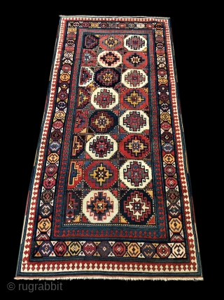 Shahsavan antique rug from Mogan Savalan area in Northern Caucasus.
Size is cm 115x240. Datable 1840/1860, one of the oldest rugs from here. The pattern has got 16 Memling Gul medallions in two  ...