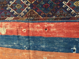 An Anatolian wreck! But, what a wreck! Great natural saturated colors, lovely sumack center part. Holes everywhere, and still this antique peasant tribal art cuval sings the glory of those days, of  ...