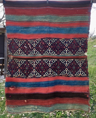 Eastern Anatolia open storage bag/cuval. 1880s. Awesome colors. Flatweave & sumack. Some metal thread here & there. A couple of minor condition issues. A tribal art jewel. More pics & infos on  ...