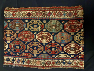 Beautiful, colorful, rare Shahsavan reverse sumack mafrash end panel. 
Cm 41x55 ca. Datable 1870/1890. 
In very good condition. 
Gorgeous dyes, and also a small fuchsine spot that somehow confirms the dating. Lovely  ...