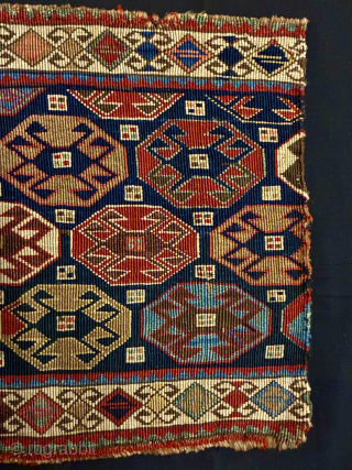 Beautiful, colorful, rare Shahsavan reverse sumack mafrash end panel. 
Cm 41x55 ca. Datable 1870/1890. 
In very good condition. 
Gorgeous dyes, and also a small fuchsine spot that somehow confirms the dating. Lovely  ...