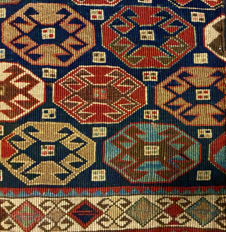 Beautiful, colorful, rare Shahsavan reverse sumack mafrash end panel. 
Cm 41x55 ca. Datable 1870/1890. 
In very good condition. 
Gorgeous dyes, and also a small fuchsine spot that somehow confirms the dating. Lovely  ...