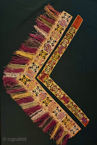 SEGUSHA
These textiles are traditional Uzbek Lakai tribal art known as Segusha, 
woven and embroidered by the Lakai, a nomadic, Uzbek-speaking people found in Uzbekistan, Tajikistan, and Afghanistan.
They are either V  or L shaped embroidered  ...