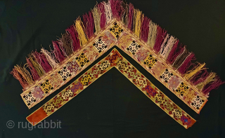 SEGUSHA
These textiles are traditional Uzbek Lakai tribal art known as Segusha, 
woven and embroidered by the Lakai, a nomadic, Uzbek-speaking people found in Uzbekistan, Tajikistan, and Afghanistan.
They are either V  or L shaped embroidered  ...