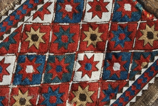 Shahsavan, sumack weave, star design, side mafrash panel. Cm 44x110. Late 19th or early 20th century. Beautiful star pattern, lovely deep, saturated colors, good condition.        