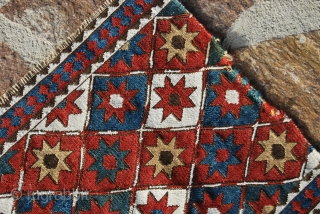 Shahsavan, sumack weave, star design, side mafrash panel. Cm 44x110. Late 19th or early 20th century. Beautiful star pattern, lovely deep, saturated colors, good condition.        