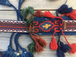 Two Anatolian cuval straps. Two little wonders. One bought 15 y ago in Turkey, the other one got from an owned cuval.
wonderful small tribal art pieces.       