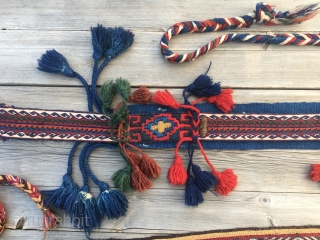 Two Anatolian cuval straps. Two little wonders. One bought 15 y ago in Turkey, the other one got from an owned cuval.
wonderful small tribal art pieces.       