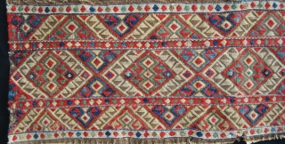 Caucasian Sumack Mafrash Long Panel. Cm 35x92. 3rd/4th q 19th c. Could be Azeri? Shahsavan? Very fine & tight work. Great colors: greens, blues, red, brown…Might ne another good wash.   