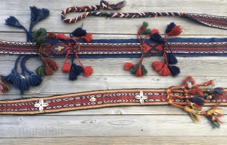 Anatolian tribal art. Two Anatolian cuval/storage bag straps. Lenght is cm 180 and 220. Great weaving workmanship. Fantastic graphics/drawing. Embellished with tufts and cowry shells. Antique, natural dyes, in super condition. Ethnographic  ...